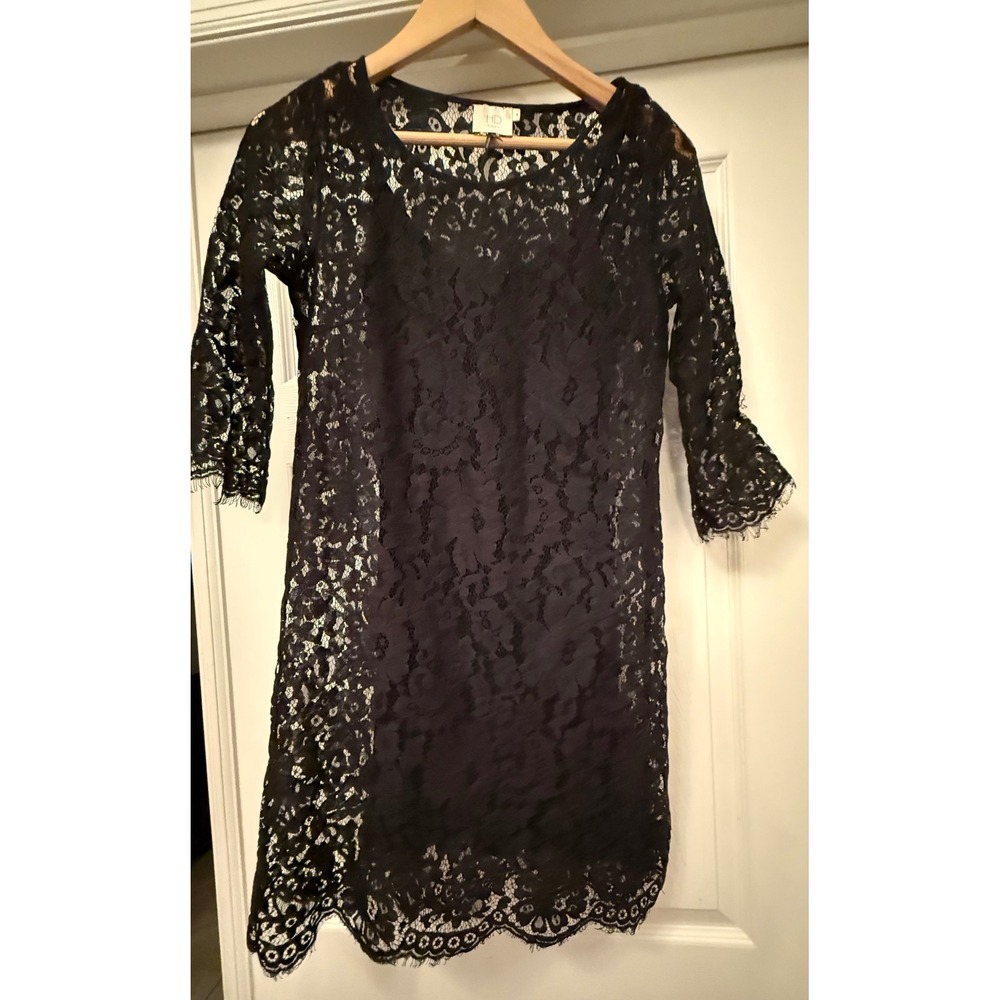 HD in Paris Lace Dress Women XSP Black Floral 3/4 Sleeve Scalloped Eyelash Hem